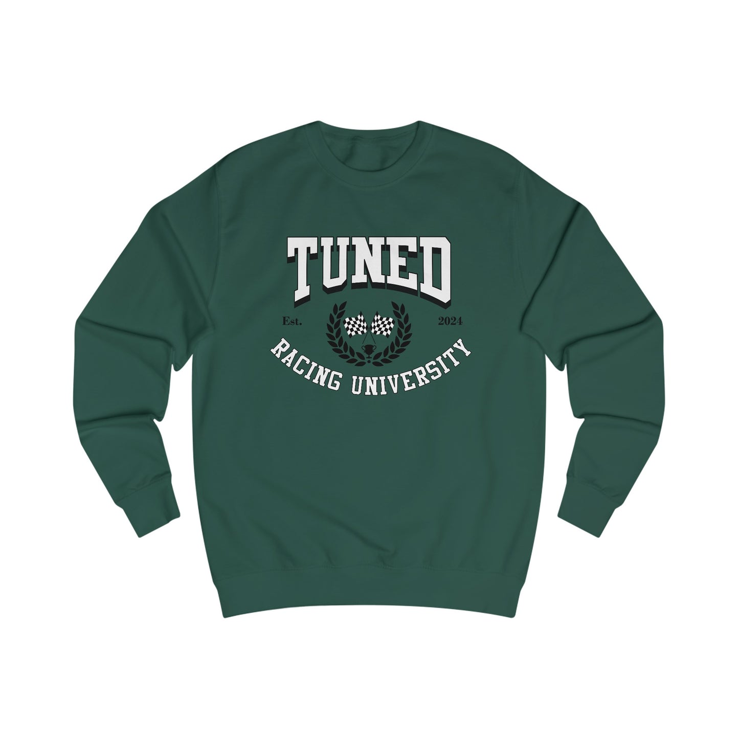 A green sweatshirt with text that reads Tuned racing university in an athletic font. 